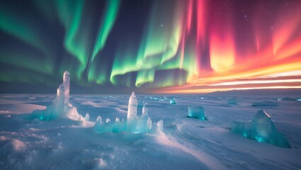 Captivating Aurora Borealis Over Ice Formations in a Winter Wonderland