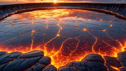Hot Lava Field Landscape at Sunset with Orange Glow Reflection