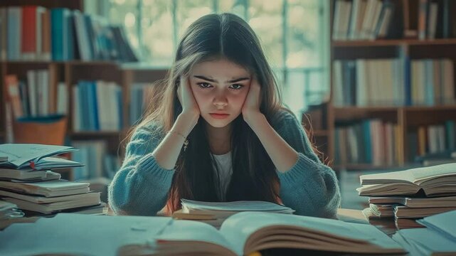 Exhausted student sitting at a desk in a library, surrounded by towering stacks of books, holding her head in her hands, feeling overwhelmed by the pressures of studying and upcoming exams