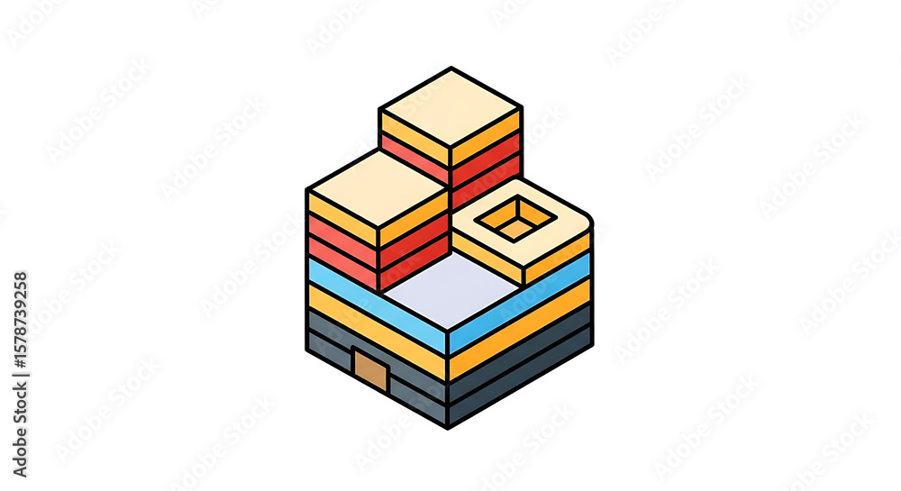 Poster isometric illustration of a layered structure with stacked cubes and a hollow square element ai gene