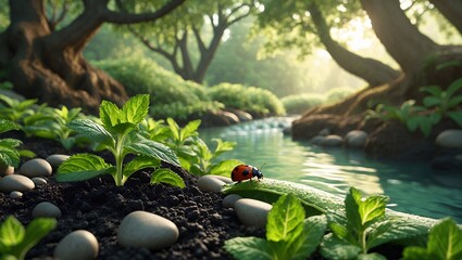 Ladybug on leaf next to stream with green plants