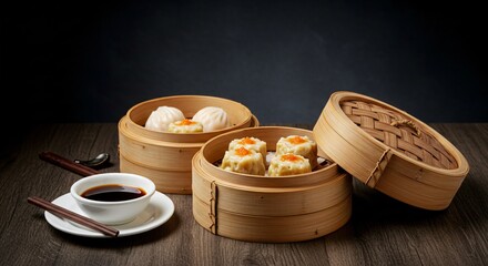 Still life of two bamboo steamers filled with dim sum and a bowl of soy sauce on a wood table