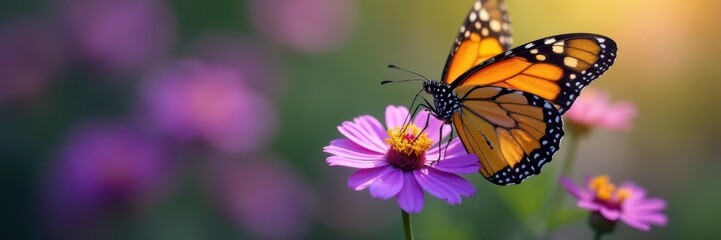 Fototapeta premium A monarch butterfly delicately feeding on a vibrant purple flower , insect wings, macro photography