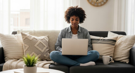 Focused Young Woman Working on Laptop at Home on Sofa, Woman working at home sitting comfortably on the sofa, using a laptop