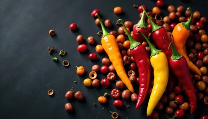 Assortment of colorful peppercorns on black backdrop, still life, seed, peppers
