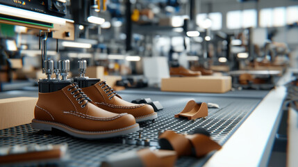 High quality leather shoes on workshop table, showcasing craftsmanship and tools in shoe manufacturing environment