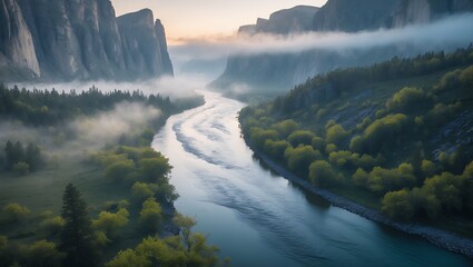 River Flowing Through Valley Surrounded by Fog and Majestic Mountains