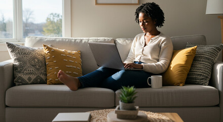 Serene focus: A young professional concentrating on her laptop while working from the comfort of her couch, A casual work-from-home setting with a barefoot woman using her computer on a cozy sofa