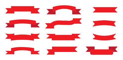 Flat ribbons. Red ribbons badges vector set. Banner tape collection premium red ribbons different shapes vector collection. Red Silk Ribbon Big Set Transparent Background.