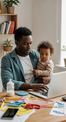 Balancing Work and Family: A Modern Dad's Juggling Act, A Father Working from Home While Holding His Child, Amidst Colorful Craft Supplies