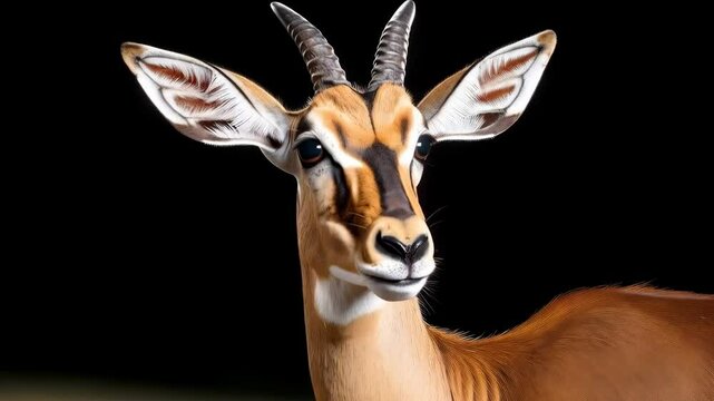Close-up portrait of an alert Impala with smooth fur, focusing on its face, ears, and small horns against a solid black background.