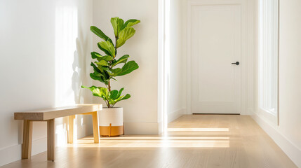 Bright hallway featuring wooden bench and potted fiddle leaf fig plant, creating serene and inviting atmosphere