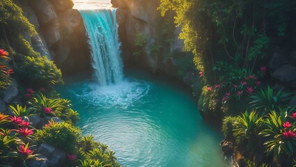 Waterfall Flowing into Pool Surrounded by Lush Tropical Greenery