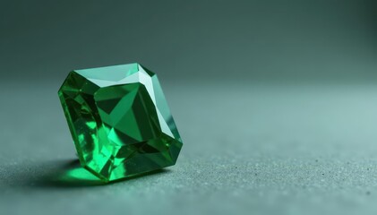 Fototapeta premium Deep green emerald, brilliant facets, soft grey backdrop, rich, stone, close-up