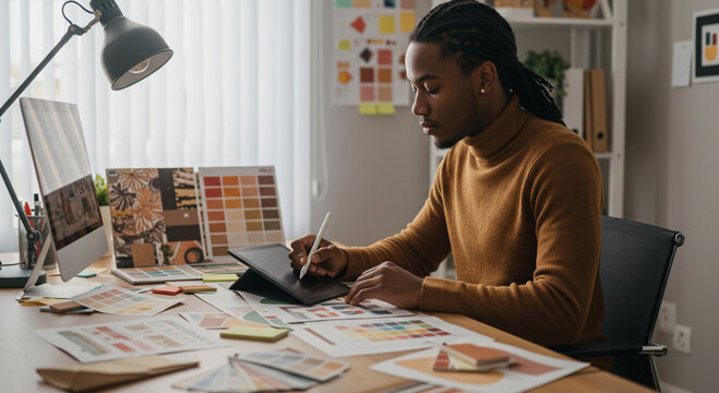 Creative designer working on color palette with tablet, Designer using tablet and color swatches in a creative workspace