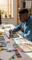 Creative designer working at desk using tablet and stylus pen, Graphic artist selecting color on tablet for creative project