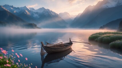 Rowboat Resting on Misty Lake Surrounded by Majestic Mountains