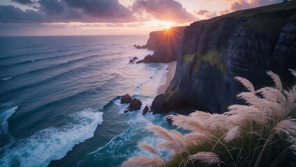 Coastal Cliffs Overlooking Ocean Waves and Grass at Sunset