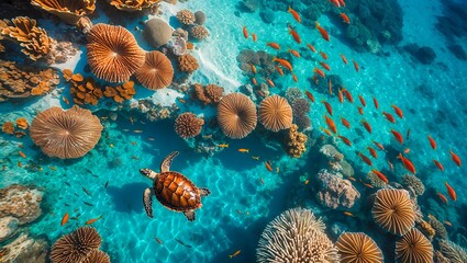 Sea Turtle Swimming Near Coral Reef with Schools of Fish Above