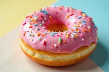 Glazed donut with rainbow sprinkles, close-up , snack, sprinkles