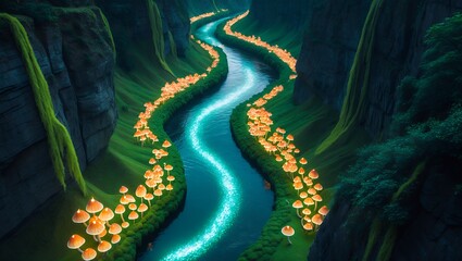 Glowing River Flows Through Canyon with Mushrooms and Mossy Rocks
