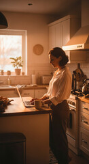 Morning Productivity in the Kitchen, Woman Working on Laptop in Warm Light