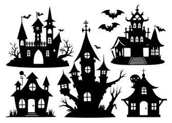 Haunted house designs feature a spooky black silhouette on a clean white background, perfect for Halloween themes.