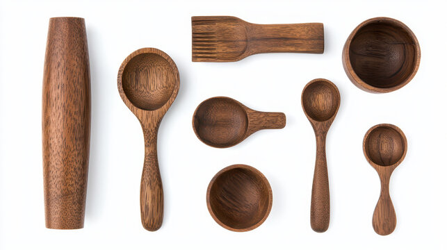 Wooden kitchen utensils including rolling pin, measuring spoons, and bowls arranged neatly. Perfect for cooking and baking enthusiasts