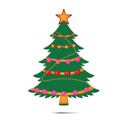 Fototapeta premium A vibrant and detailed illustration of a Christmas tree decorated with colorful ornaments, glowing lights, and a shining star on top. This cheerful holiday design features festive elements like bauble