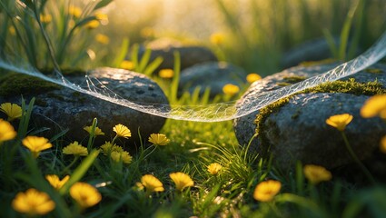 Dandelion Meadow Landscape with Spiderweb Linking Rocks in Golden Sunlight