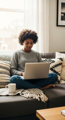 Woman working on a laptop, comfortably seated on a couch with pillows,  Relaxed digital nomad working from the comfort of home in a cozy atmosphere