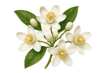 Obraz premium Realistic illustration of a fragrant orange blossom branch with delicate white flowers and green leaves, isolated on a transparent background