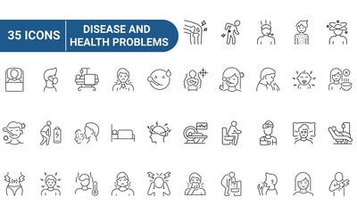 Set of 35 outline icons related to sickness, illness, disease, and health problems. Linear icon collection. Editable stroke. Vector illustration