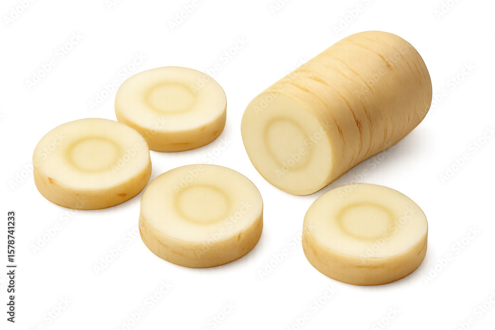Poster fresh parsnip root with several slices isolated on alpha channel, perfect for healthy eating and coo