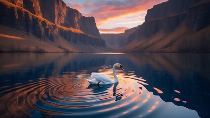 Swan Swimming on Lake Surrounded by Majestic Mountains at Sunset