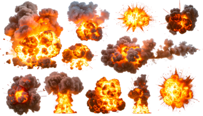 Dynamic Set of Fiery Explosions with Smoke and Sparks, Isolated on Transparent Background PNG