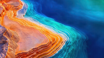 Breathtaking abstract landscape showcasing vibrant colors of orange, turquoise, and blue in natural formation. serene beauty evokes tranquility