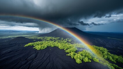 Rainbow over Dramatic Volcano Landscape with Lush Green Vegetation