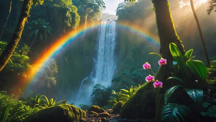 Majestic Waterfall with Rainbow in Lush Jungle Landscape Scenery