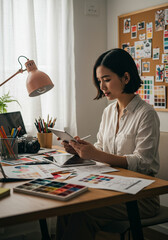 Asian Female Designer Working on Tablet at Desk, Designer Working With Digital Tablet and Color Palette Samples