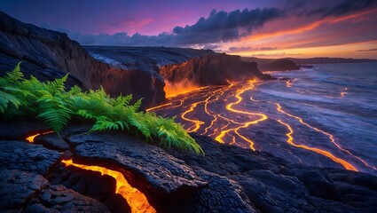 Lava Flowing into Ocean at Sunset with Ferns and Rocky Coast
