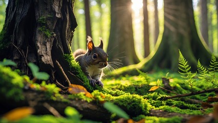 Squirrel Resting at Base of Mossy Tree in Forest Sunlight