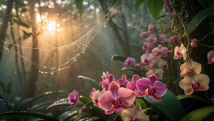 Orchid Blooms and Dew Covered Spiderweb in Forest Sunlight