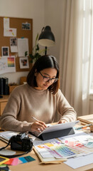 A young woman working on a digital tablet in her home office, A designer using a tablet to create a mood board for a client project