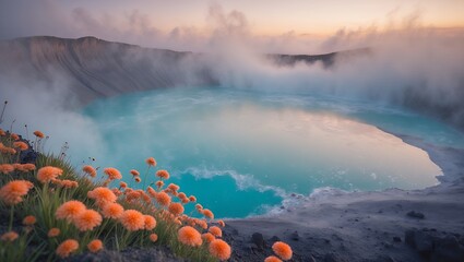Calm Lake with Flowers and Steam at Sunrise Natural Landscape