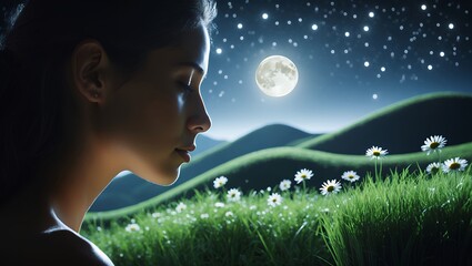 Woman Meditating in Grassy Field with Daisies Under Moonlight Sky