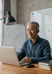 Mature Asian Man on a Video Call Working From Home, Older Professional Working at a Laptop with a Headset