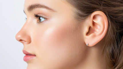 Fototapeta premium Close up profile of young woman showcasing her smooth skin, natural beauty, and subtle makeup, highlighting her features and earring