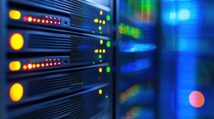 High tech server rack with illuminated indicators, showcasing data processing and storage capabilities in modern data center