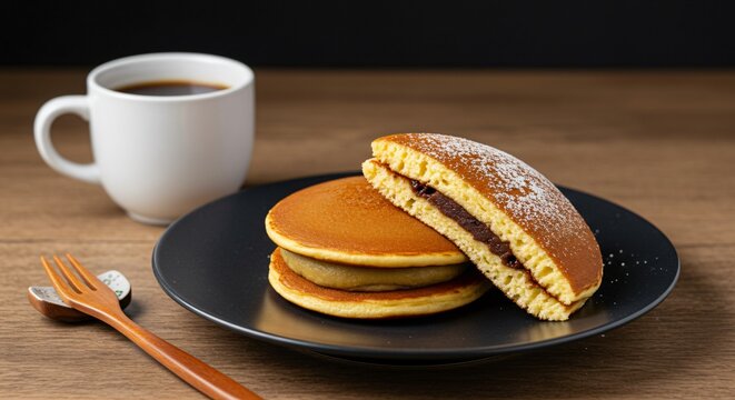 Dorayaki pancakes with red bean paste and coffee on a wooden table for a sweet breakfast treat